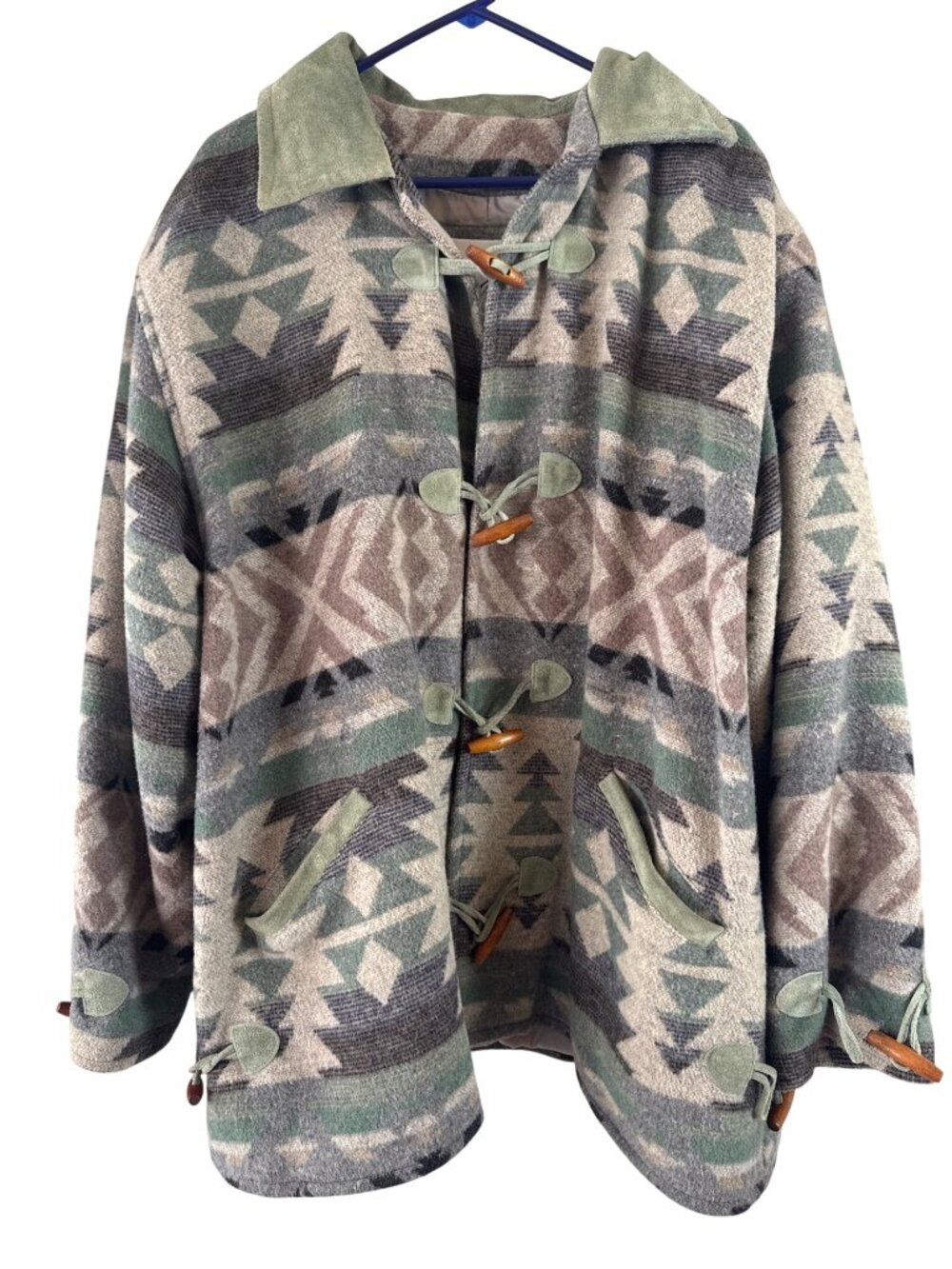 Vintage Kathryn Deene Wool Blend Aztec Print Coat Green Toggle Grunge Sz 22/24